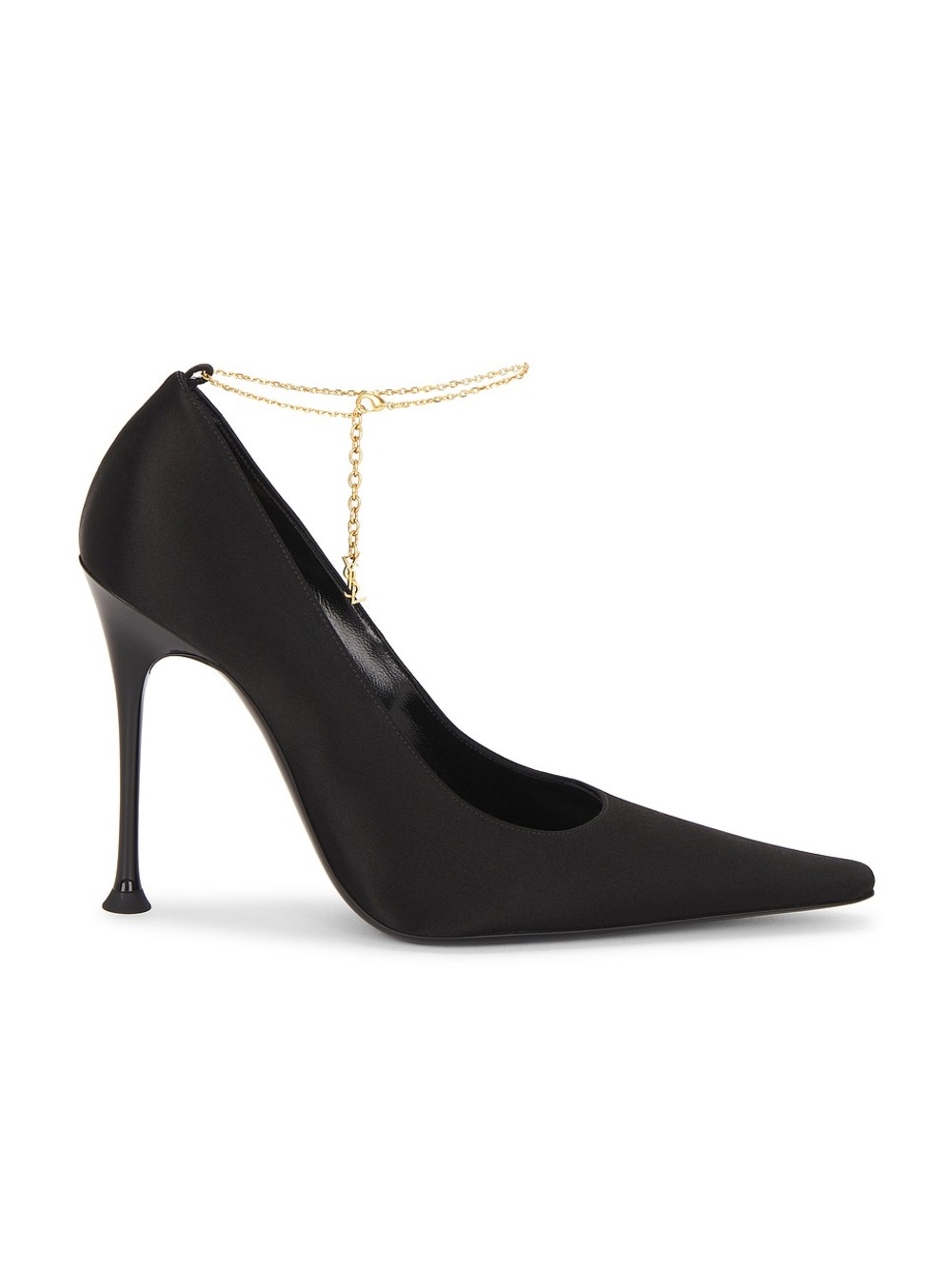 Yves Saint Laurent Black Pointed Stiletto Pump with Gold Chain Ankle Strap